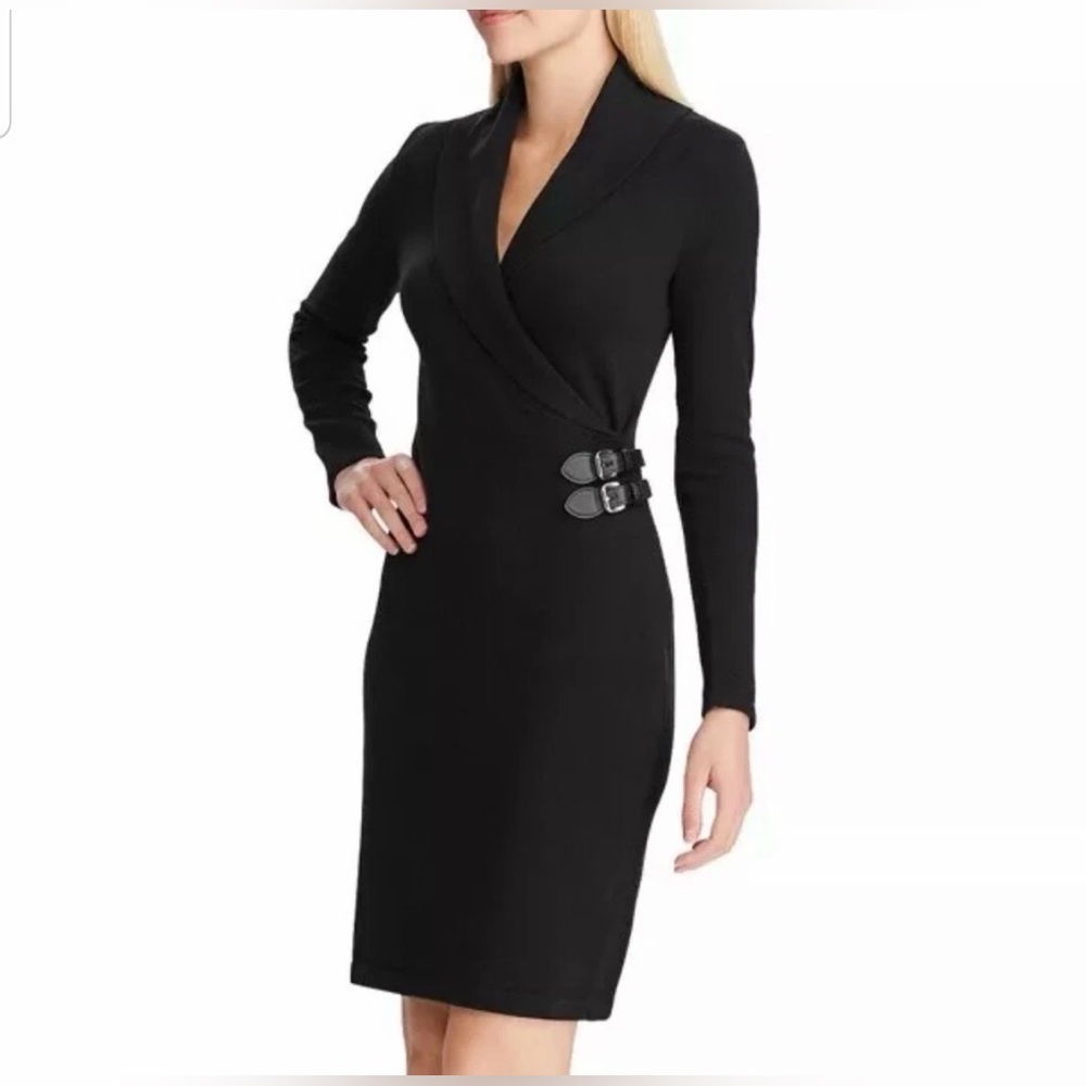 Womens Chaps Black Sweater Dress with Faux Leather Buckle Accents Size S